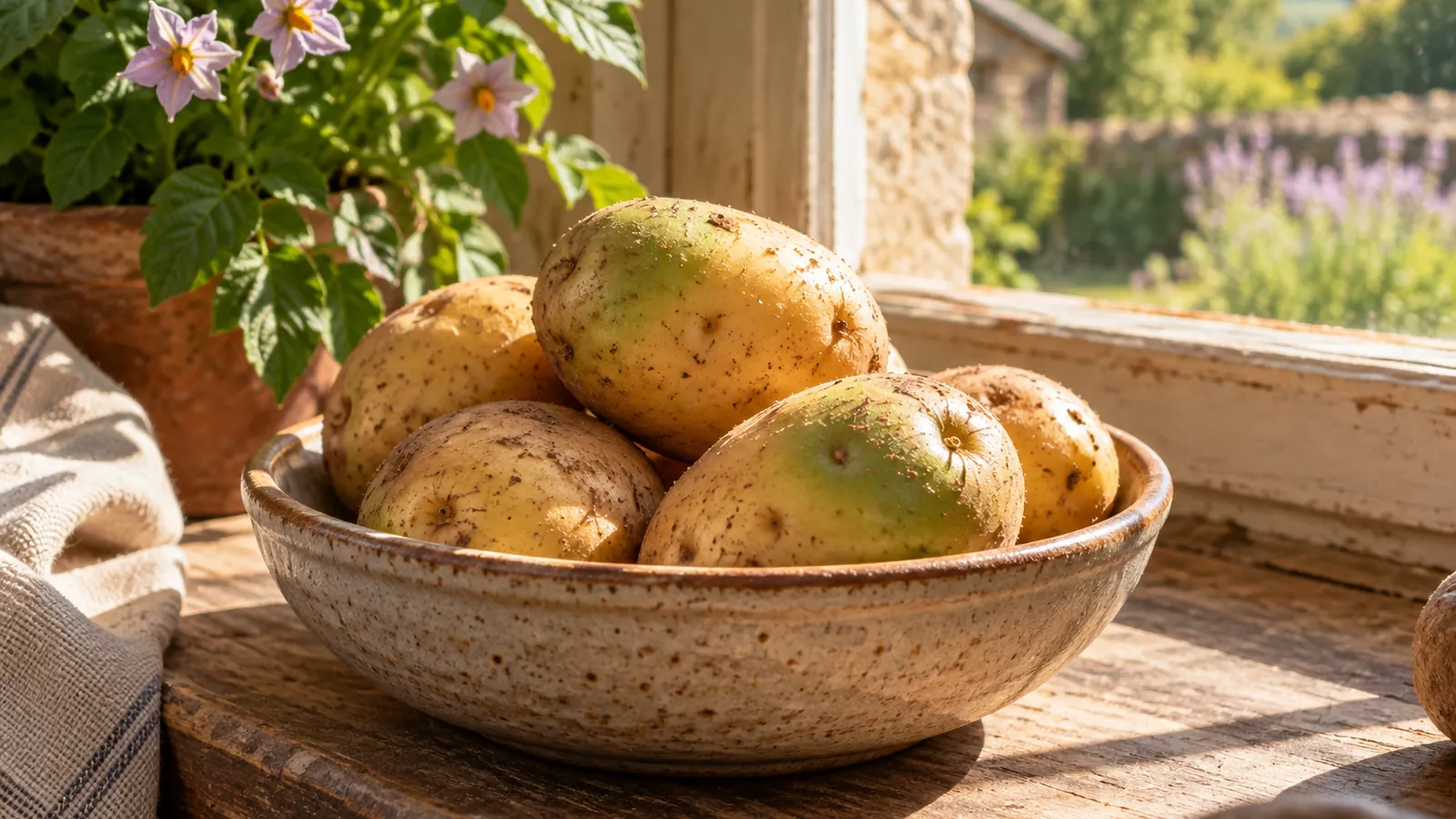 Pomme de terre verte oubliée à la lumière sur un rebord de fenêtre